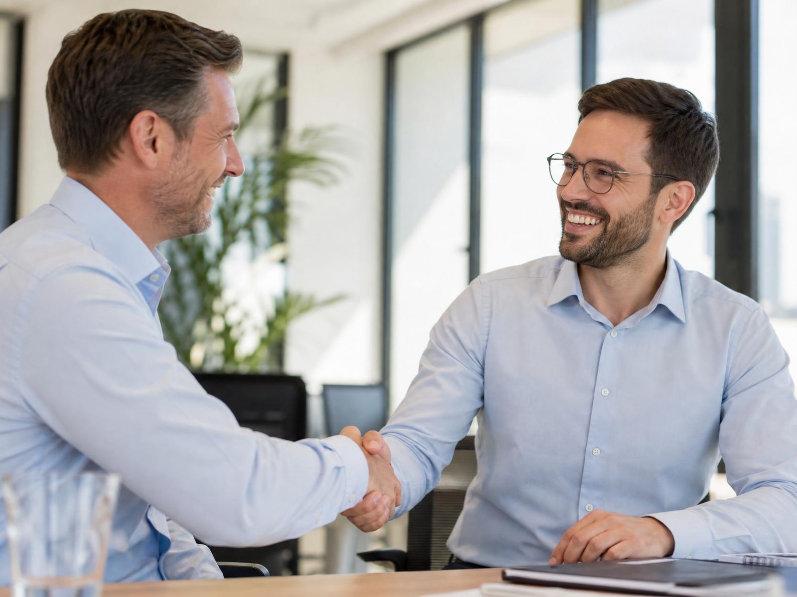 Dois executivos, um homem e uma mulher, sorrindo e apertando as mãos firmemente sobre uma mesa de reunião moderna, simbolizando uma parceria de negócios bem-sucedida e confiável.